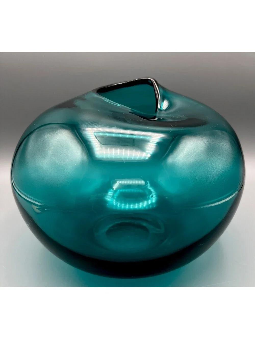 Studio Art Glass Hand Blown Teal Vase Collapsed Pinched Rim Polished Pontil
